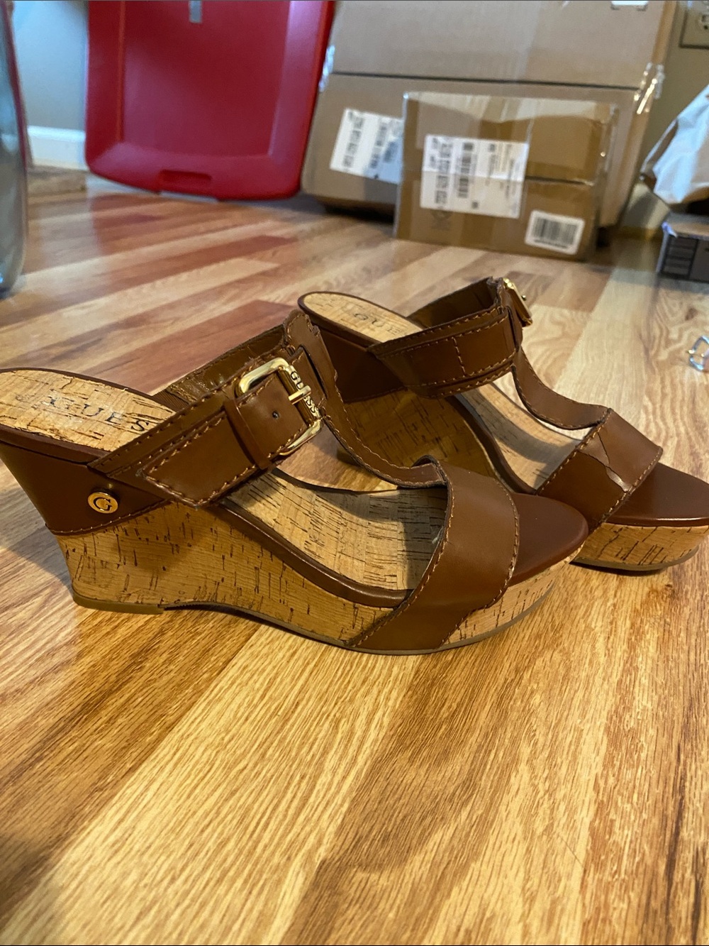 GUESS Brown Leather Cork Wedge Sandals